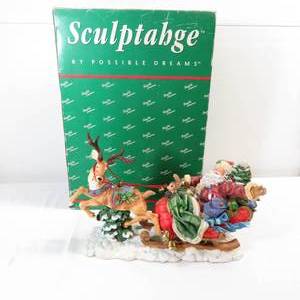 lot 274 image: Possible Dreams Christmas Santa Sleigh and Reindeer Delivering Gifts Sculpture 8 x 15