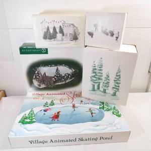 lot 278 image: Grouping of Department 56 Village Accessories-Skating Pond, Tree Lot, Wreaths for Sale & More