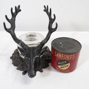 lot 293 image: Vintage Cast Iron Stag head Inkwell with Stanfords Black & White Ink Set