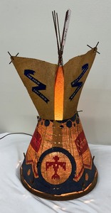 lot 7 image: Vintage Schmidt Beer Teepee Table Lamp  Vintage Schmidt Beer Advertising Burlap over Wire Teepee Light Up Lamp