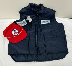 lot 105 image: Vintage Weathercaster Walker Mufflers and Pipes Vest and Trucker Hat and Vintage Delco Shock Squad Trucker Hat