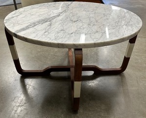 lot 5 image: Vintage Mid Century Modern Brown Saltman Round Marble Top Coffee Table
