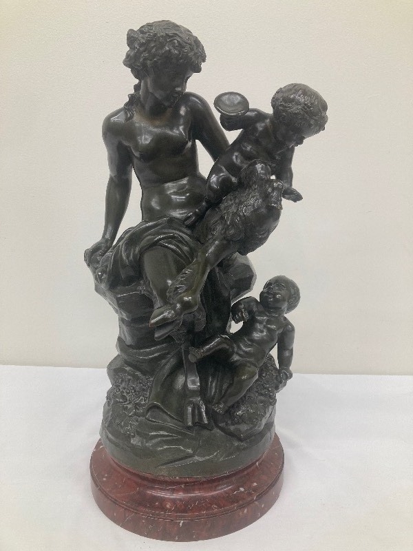 lot 10 image: Michel Claude Clodion, Bronze, Faun and Two Putti