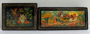 lot 110 image: Two Vintage Russian Black Lacquer Hand Painted Wood Boxes