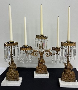 lot 6 image: Three Piece Vintage Marble and Bronze  Girandole Set Crystal Prisms Candleholders