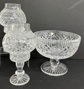lot 86 image: Lovely Crystal Footed Bowl by Tyron Crystal from Ireland and Two Hurricane Candleholders