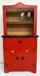 lot 52 image: Vintage Red & Black Wood Childs Size Step Back Toy Cupboard