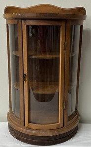 lot 100 image: Vintage Miniature Curved Glass Wooden Curio Cabinet Table Top  Wall Shelf Display Case