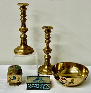 lot 88 image: Vintage Chinese Brass Tobacco  Snuff Box, Jeweled Bowl, Enameled Box and More