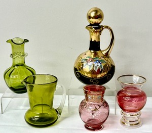 lot 106 image: Vintage Dark Ruby Red Bohemian Glass Decanter  Gold Encrusted, Enameled Floral Czech Glass Bottle Gilded, Vintage Green and Cranberry Bud Vases and More