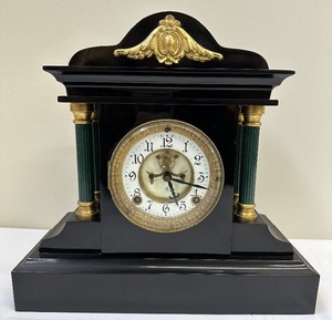lot 22 image: Antique Ansonia Iron Enamel Mantle Clock