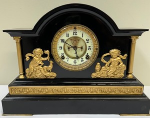 lot 81 image: Antique Ansonia Iron Enamel Mantle Clock