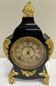 lot 34 image: Antique Ansonia Iron French Style Enamel Footed Mantle Clock