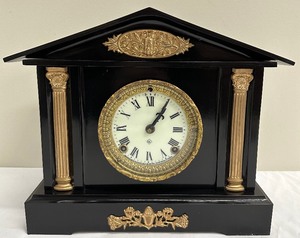 lot 101 image: Antique Ansonia Iron Enamel Mantle Clock