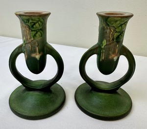 lot 125 image: Vintage Roseville Pottery Fuchsia Flower Candlesticks