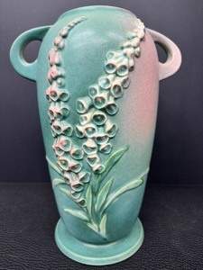 lot 140 image: Beautiful Roseville Pottery Vase Gradient Colored Mixture of White Pink & Green Raised Embossing