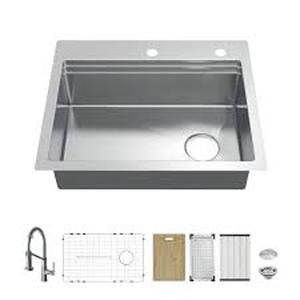 Glacier Bay Dolancourt Tight Radius 27 in. Drop-In Single Bowl 18G Stainless Steel Workstation Kitchen Sink with Spring Neck Faucet  Customer Returns See Pictures