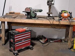 lot 56 image: Wooden Rolling Workstation Bench 27x84x35