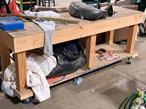 lot 61 image: Wooden Rolling Work Bench 24x78x32