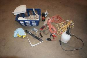 lot 181 image: Assorted Hardware - Extension Cords, Torch Tip, Drop Cloth