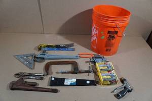 lot 183 image: Assorted Tools with 5-Gallon Bucket - Clamps, Screws, Pipe Wrenches