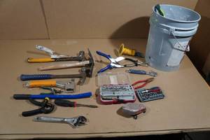 lot 184 image: Assorted Tools with 5-Gallon Bucket - Hammers, Bits, Fasteners