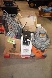 lot 235 image: Pallet of Assorted Hardware - Shop Vacs, Blinds, Pex, Vent Fan