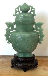 lot 5 image: Antique Carved Jadeite Lidded Vase with Carved Detailed and Antique Stand