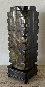 lot 83 image: Antique Archaistic Jade TSung on Carved Wooden Stand