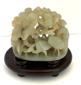 lot 28A image: Antique 18th Century Pale Celadon Jade Finial Pierced and Carved with Cranes and Lotus Flowers