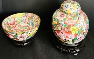 lot 49 image: Mid Century Chinoiseries Ceramic Glazed Multi Colored Bowl and Ginger Jar