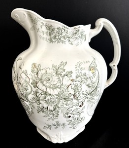lot 61 image: Vintage Large Ironstone Pitcher Green Flowers Transferware