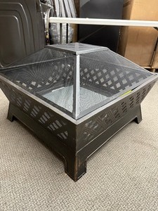 lot 32 image: Hampton Bay Tipton 34.00 in. W Rubbed Bronze Steel Wood Outdoor Fire Pit with Screen and Poker Included - Missing Screws