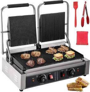 lot 18 image: Commercial Sandwich Panini Press,110V 2X1800W Double Commercial Panini Presser Non-Stick Full Grooved Plates 122°F-572°F Temp Control for Hamburgers Steaks Bacons 22.8 x 14.4