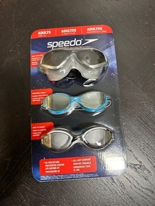 lot 119 image: New 3 Pack Swimming Goggles by Speedo, Adult Ages 14, Anti-Fog  Mirrored Lenses  UV Protect