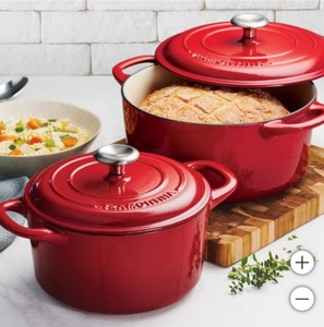 lot 55 image: Tramontina, 2-Pk Enameled Cast Iron Dutch Oven w Locks Lid. new open box.