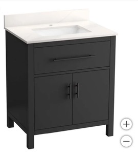 lot 7 image: Kohler Orime 30 Bath Vanity With Quartz Vanity Top & Quartz Backsplash Dark Gray - Very Small Chip Back of Counter Near Faucet - Not Cracked