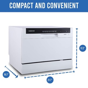 lot 79 image: Farberware Professional FCD06ABBWHA Compact Portable Countertop Dishwasher with 6 Place Settings and Silverware Basket, LED Display, Energy Star, White