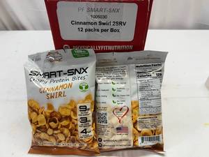 lot 348 image: JJ.12 x 2oz PF Smart-SNX Protein Bites-Cinnamon Swirl