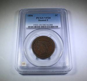 lot 4 image: 1856 Slanted 5 Large Penny PCGS VF20