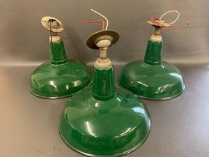 lot 7A image: 3 Vintage Green Enamel Industrial Lamp Fixtures