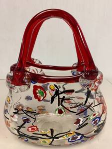 lot 8 image: Floral Glass Basket with Red Handle