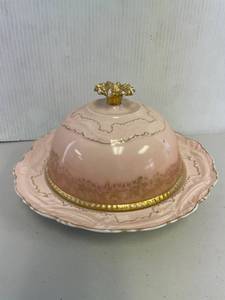 lot 38 image: Vintage Limoges Porcelain Pink Covered Butter  Pancake Dish