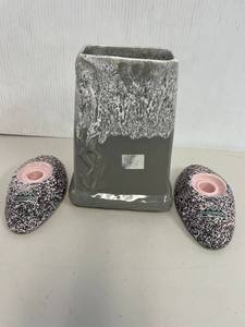 lot 40AB image: Kenwood Candleholders & Mod Vase Pottery Set