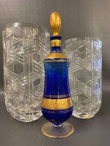 lot 73A image: Vintage Cobalt and Gold Glass Decanter & 2 Mikasa Platinum Crystal Vases