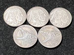 GROUP OF 5 US HOBO BUFFALO NICKELS (modern alters)