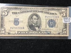 1934C US BLUE SEAL $5 SILVER CERTIFICATE
