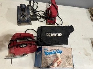 lot 92 image: Drill Doctor, Sander, Two Dust Collector Bags, Jigsaw, Touch Up Applicator