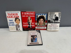lot 100 image: Books and CD - Tucker Carlson, Laura Bush, Ann Coulter, Gerald Ford and Ronald Regan CD