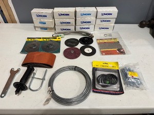 lot 81 image: Shower Heads and Arms (12), Sanding Discs, Galvanized Clothesline Wire and more